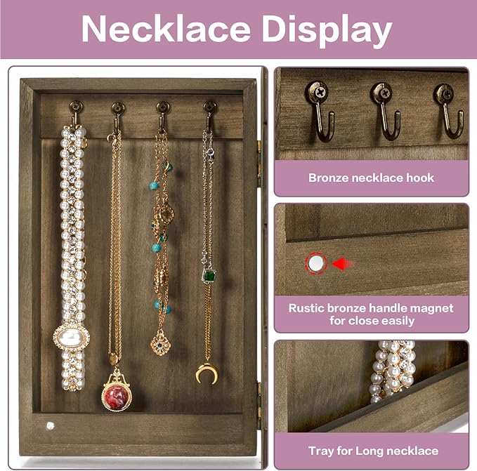 Meangood Jewelry Box Wood for Women, 5-Layer Large Organizer Box with Mirror & 4 Drawers for Rings, Earrings, Necklaces, Vint