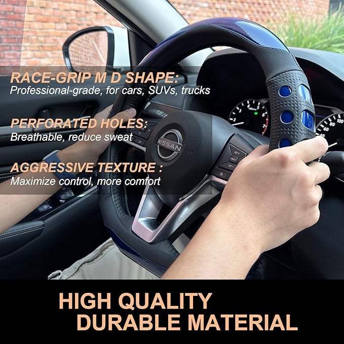 PINCTROT D Shaped Race Grip Steering Wheel Cover, Anti Slip Silicone Perforated Design with Soft Touch Padding, Enhanced Grip for Sporty Driving Flat Bottom 14.5-15 Inch (Racing Blue)