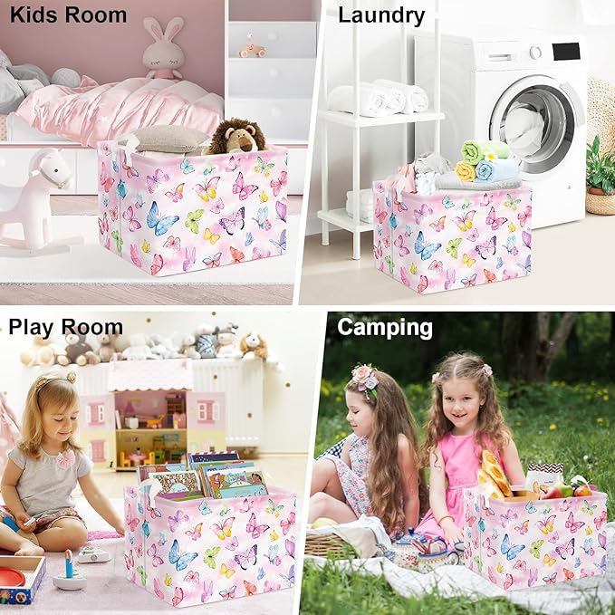 Clastyle 36L Pink Dreamy Butterfly Kid Storage Basket Collapsible Rectangle Clothes Toy Nursery Bin Book Shelf Basket