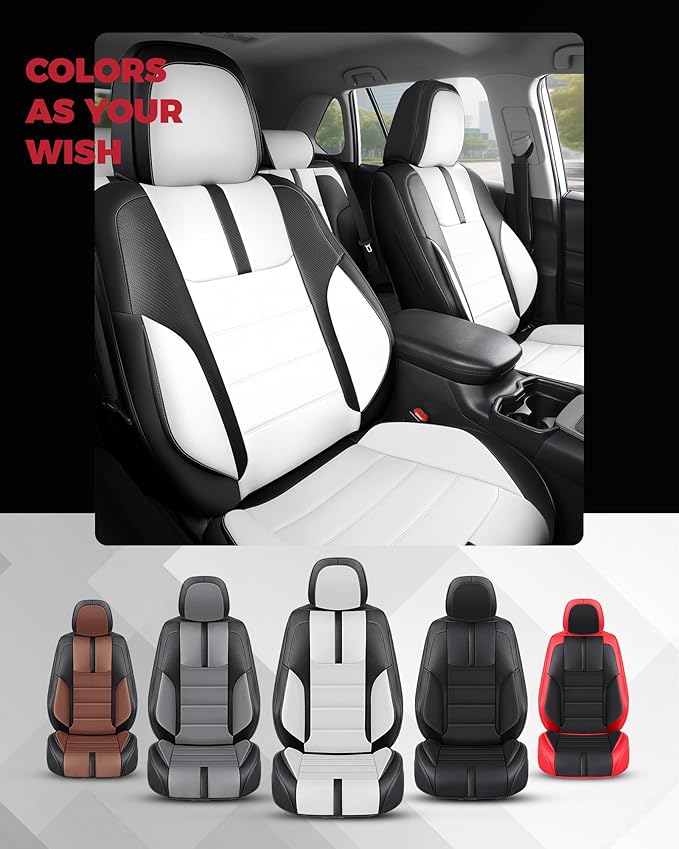 FREESOO Black White Car Seat Covers Full Set - Faux Nappa Leather Seat Covers for Cars, with Front Seatbelt Pads, Cute Breath