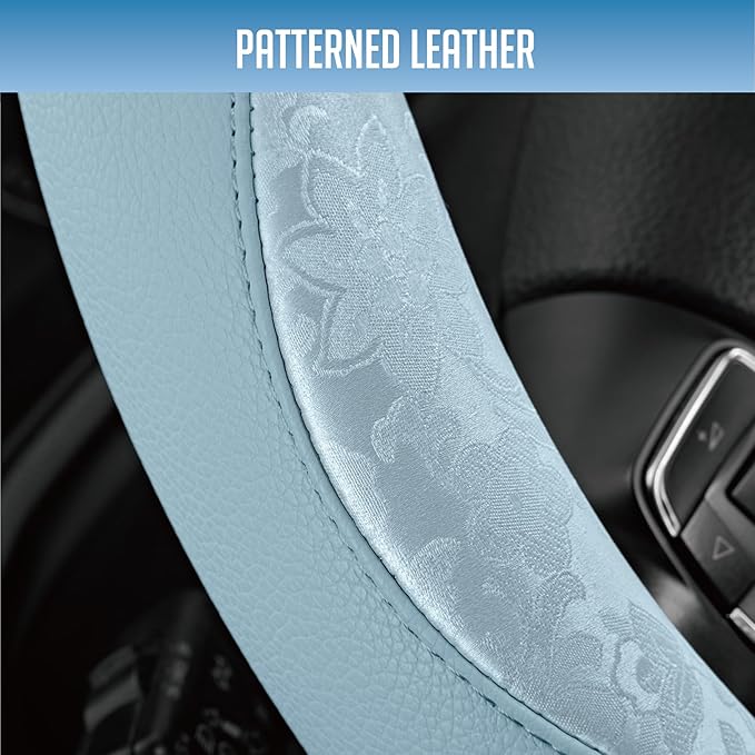 PIC AUTO Steering Wheel Cover, Light Blue Patterned Leather Patchwork Design, Universal Fit 14.5"–15.5", Anti-Slip, Odor-Free