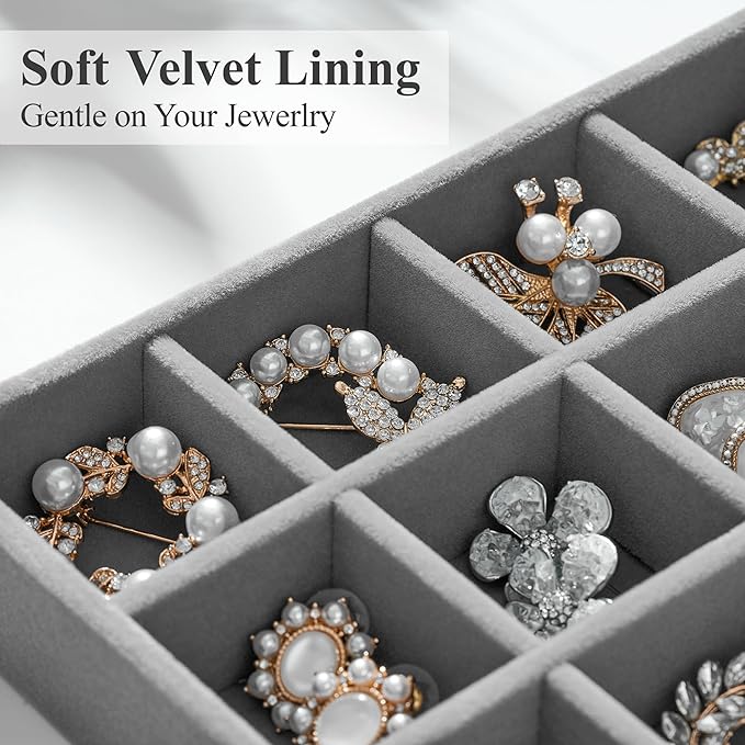 Velvet Jewelry Drawer Organizer Trays – Large Grey Stackable Jewelry Storage Inserts Set, 4-Layer Jewelry Tray Set for Earrin