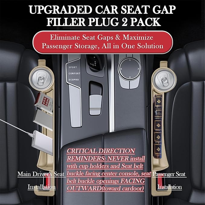 Car Seat Gap Filler Set of 2, Upgraded Car Side Seat Gap Fillers with Organizer, Cup Holder & Hook Function, Inserts Between Front Seats Console Catcher 4in1 Gap Stopper Fill Plug Storage Box (Beige)