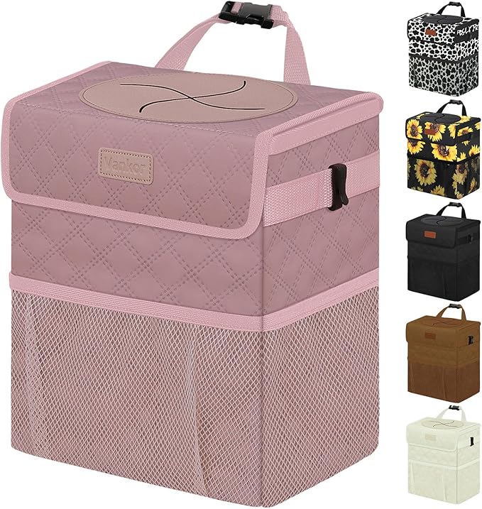 Car Trash Can Cute Trash Bag Bin Hanging Waterproof Automotive Garbage Cans Leak Proof Vehicle Trash Can Diamond Pattern-Pink