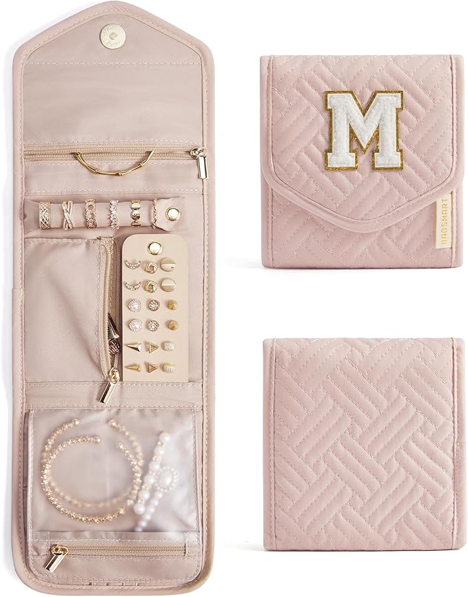 BAGSMART Travel Jewelry Organizer Case M Initial Foldable Jewelry Roll for Journey Rings, Necklaces, Earrings, Bracelets,Mini
