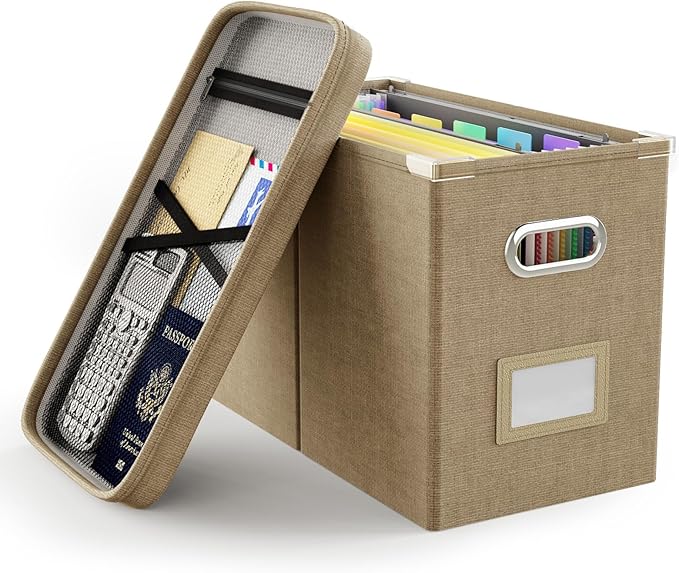 Oterri File Organizer Box with Lid, Hanging Filing File Box with Mesh Pocket, Document Organizer Box for Letter Files, Portab