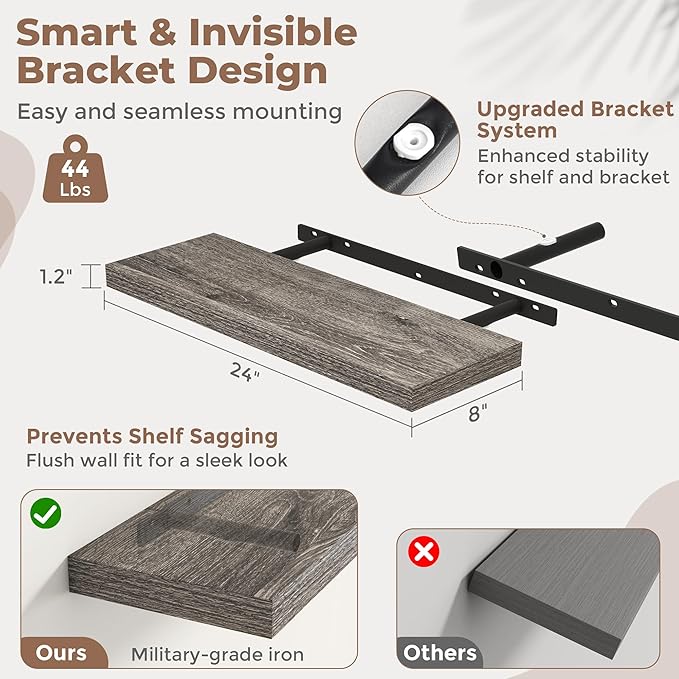 24 Inch Floating Shelves for Wall Set of 2, 8"D Wood Grain Bathroom Shelves with Invisible Brackets, Easy Install Engineered 