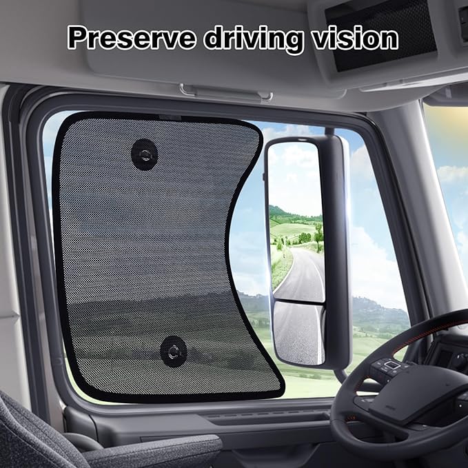 KUST 2PCS 23.6''*21.6'' Side Window Shade for Semi Truck, Peterbilt 389, Volvo VNL, Freightliner Cascadia, Freightliner Argosy - Mesh Sunshade with Suction Cup - Semi Truck Accessories for All Season