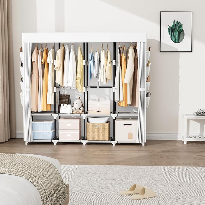 Portable Closet for Hanging Clothes, 67 Inch Wide Portable Wardrobe Closet with Cover, 4 Hanging Rod, Storage Shelves and Sid