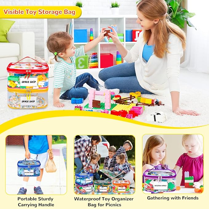 Tesuko 6 Pack Clear Toy Storage Bag with Name Tag& Manual Pocket, Waterproof Transparent PVC Toy Organizer Case for Lego Bric