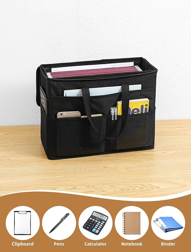 Qozary 2 Pack File Folder Organizer Box-Hanging File Tote Bag With Lids, Collapsible Portable Filing Organizer Box With Handl