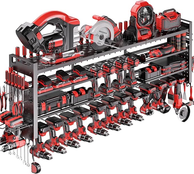 49.8" W Super Large Power Tool Organizer Wall Mount,4-Layer Heavy Duty Tool Storage with 18 Cordless Drill Holder,600 lb Capa