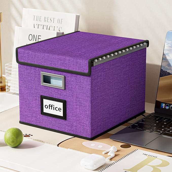 Huolewa Upgraded File Organizer Boxes with Lids, Linen Hanging Filing & Storage Boxes with Plastic Slides for Office/Decor/Ho