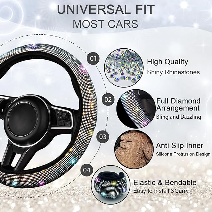 NBTEPEM Bling Car Floor Mats Full Set and Steering Wheel Cover, Universal Fit Most Cars, 4 pcs Sparkle Glitter Diamond Carpet, 5 pcs Bling Car Accessories Set for Women (Multicolor Diamond)