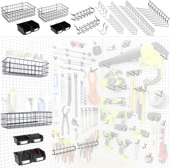 Peg Board Hooks for Hanging Tools with Bins and Baskets – Tool Organization Accessories Kit – Organizer Set of 1 inch, 2 inch