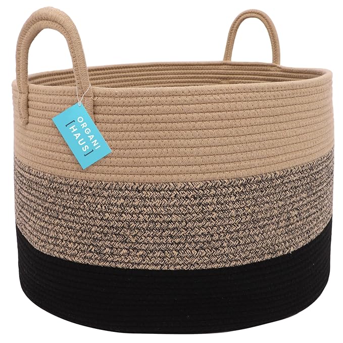 OrganiHaus Large Woven Storage Basket for Blankets and Toys 20" x 13" Inch, Rope Laundry Basket with Handles, Cushions & Pill