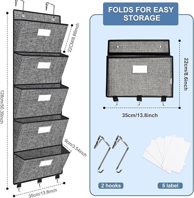Homyfort Over the Door File Organizer, Hanging Wall File Folders with 5 Large Pockets for Papers, Charts, Mails, Magazine, Of