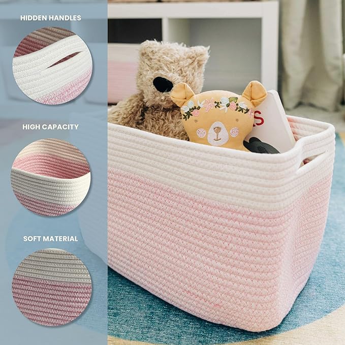 OrganiHaus Rope Baskets for Shelves - Set of 3 Woven Storage Baskets for Organizing, Closet & Toy Storage - Pink/Off-White - 