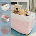 OrganiHaus Cotton Rope Basket for Shelf - Woven Storage Basket for Organizing, Closet & Toy Storage - Pink/Off-White - 15x9x1