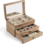 Meangood Jewelry Box Organizer for Women, 3 Layer Large Jewelry Storage Case, Rustic Wooden Jewelry Box with Mirror & Ring Tr