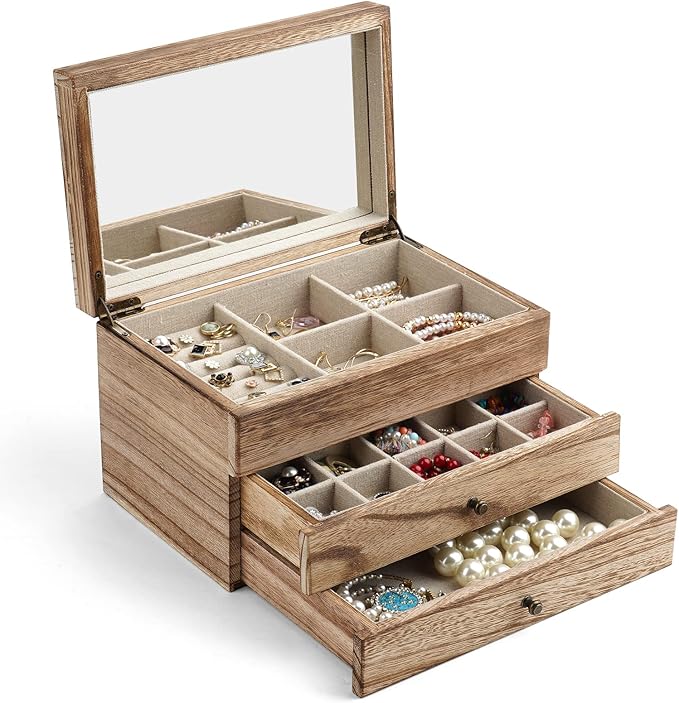 Meangood Jewelry Box Organizer for Women, 3 Layer Large Jewelry Storage Case, Rustic Wooden Jewelry Box with Mirror & Ring Tr