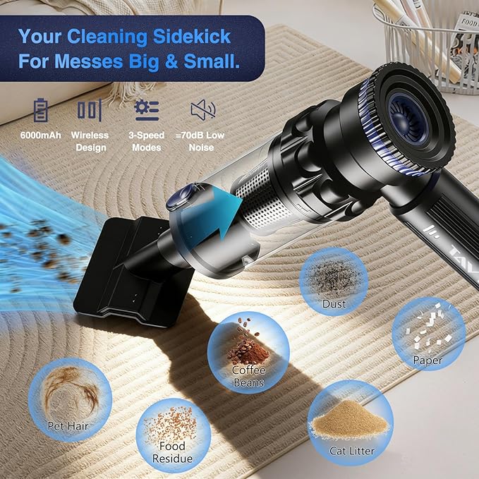 Car Vacuum Portable Cordless, 19000PA Suction Power [3 Suction Modes] & 6000mAh Battery [USB-C Charging Cable], 4-in-1 Wirele