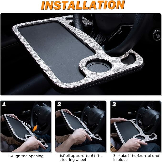 eing Bling Auto Steering Wheel Desk, Laptop,Tablet, Notebook Car Travel Table, Food Eating Hook On Steering Wheel Tray, for Constant Travelers, Fits Most Vehicles Steering Wheels,White