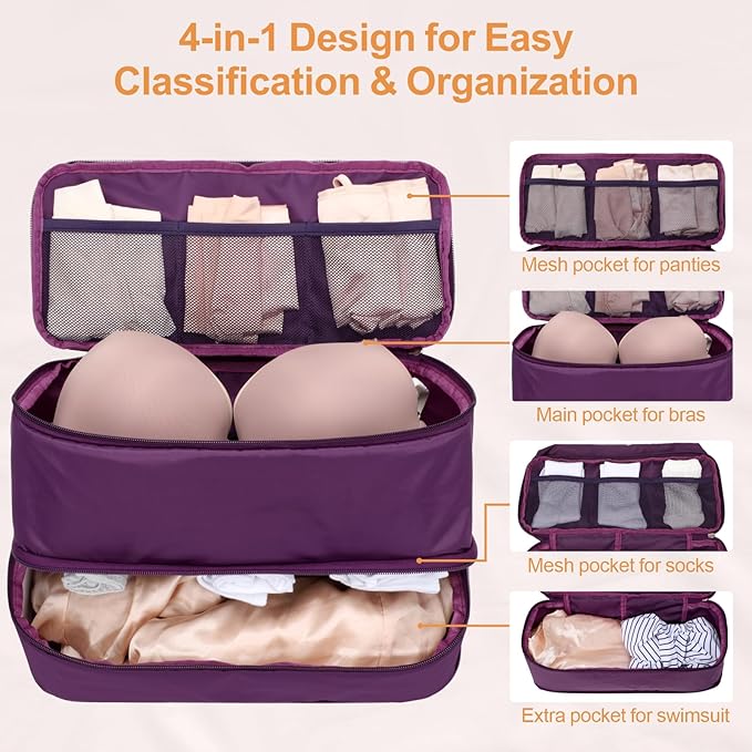 Cambond Travel Underwear Organizer Bag - 4-in-1 Soft Double Layer Bra Travel Bag, Portable Expandable Compression Packing Org