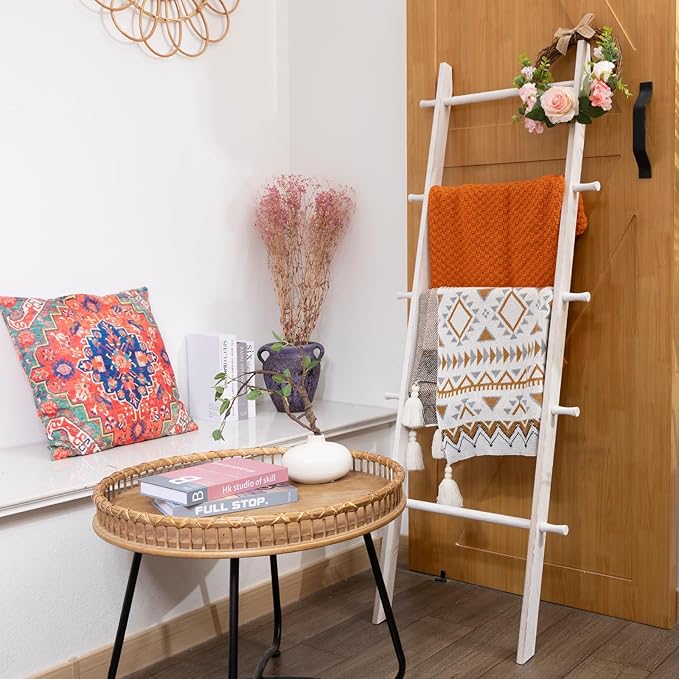 5-Tier Blanket Ladder – 4.8 Ft Wall Leaning Quilt Rack, Farmhouse Blanket Storage for Living Room, Bedroom & Bathroom – Rusti