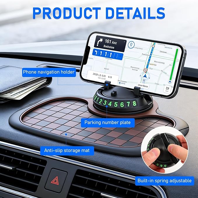 Multifunction Car Anti Slip Mat,Multi-Functional Support Anti-Slip Pad,360° Rotatable Phone Holder Car Dashboard Mat with Tem