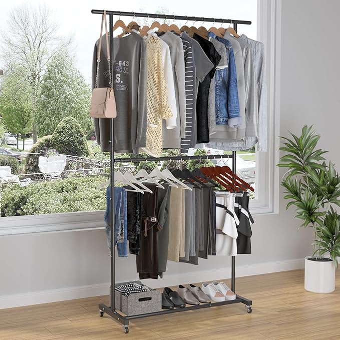 Sywhitta Double Rod Clothing Garment Rack, Rolling Clothes Organizer on Wheels for Hanging Clothes, Easy to Assemble, Adjusta