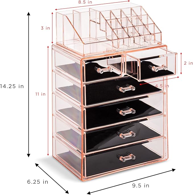 Sorbus Acrylic Makeup Organizer Set, 6-Drawer Vanity & Countertop Cosmetic Storage with Small & Wide Compartments, Pink Makeu