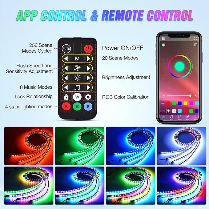 Nilight 4Pcs Car Underglow Neon Accent Strip Lights 256 LEDs RGBIC Multi Color DIY Sound Active Function Music Mode with APP Control and Remote Control Underbody Light Strips, 2 Years Warranty