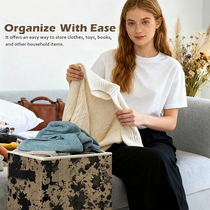 Abstract Vintage Floral Storage Box Bins, Black and Beige Botanical Collapsible Storage Basket Organizer for Bedroom Laundry 