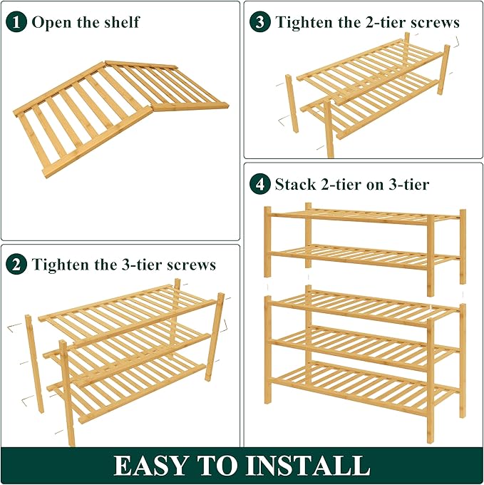 Smiry Bamboo Shoe Rack for Closet, 5 Tier Wooden Stackable Shoe Organizer, Free Standing Shoes Storage Shelf for Entryway, Fr