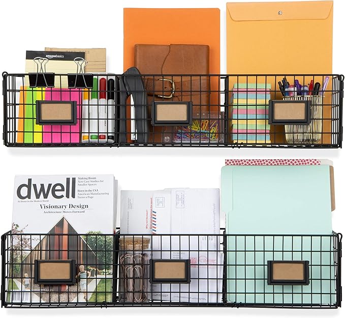 Wall35 Amalfi Hanging File Folders Office Desk Organizer Wall Mount Wire Basket Storage Magazine Holder 3 Sectional Set of 2 
