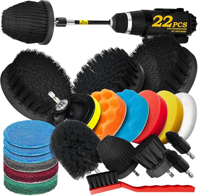 Holikme 22Pack Drill Brush Attachments Set, Scrub Pads & Sponge, Buffing Pads, Power Scrubber Brush, Car Polishing Pad Kit,Wa