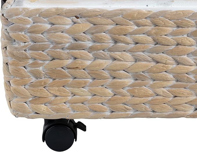 happimess BSK1006D Chett 26.38" Minimalist Hand-Woven Hyacinth/Wood Underbed Storage Bin with Wheels and Handles, White Wash/