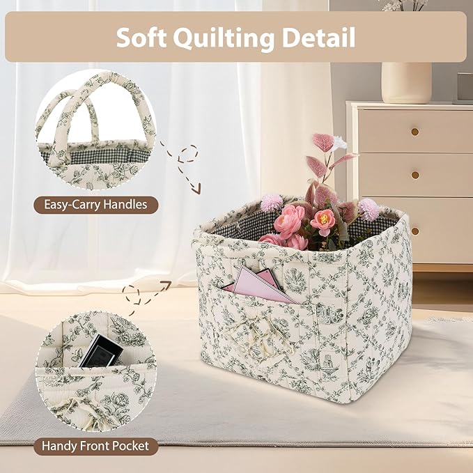 Storage Basket Boho Fabric Large Collapsible Floral Laundry Nursery Hamper Portable Folding Storage for Clothes Toys (Vine-Gr