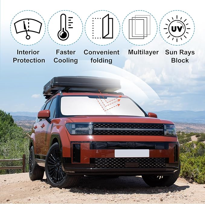 Front Windshield Sun Shade Foldable Front Window Sun Shade Visor Custom Fit for 2024-2026 Hymdai Santa Fe Block UV Rays Heat Sun Shield Keep Car Cooler Car Accessories