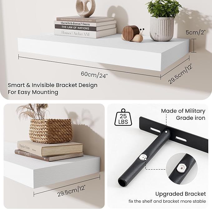 Fun Memories 24 Inch Floating Shelves Wall-Mounted, 12 Inch Deep Wall Shelves, 24 x 12 Floating Shelf, Deep Storage Shelf for