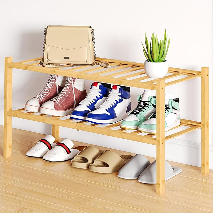 Smiry Shoe Rack, 2 Tier Bamboo Shoe Organizer, Stackable Free Standing Wooden Shoe Storage Shelf for Closet, Entryway, Front 