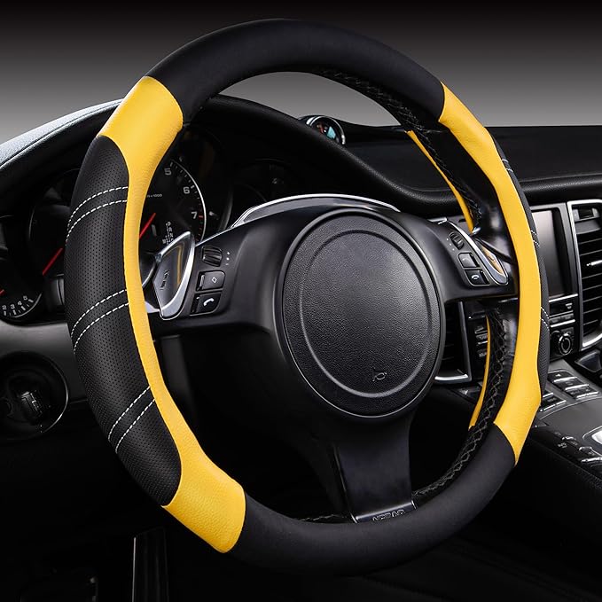 CAR PASS Line Rider Microfiber Leather Sporty Steering Wheel Cover Universal Fits for 95% Truck,SUV,Cars,14.5-15inch Anti-Sli