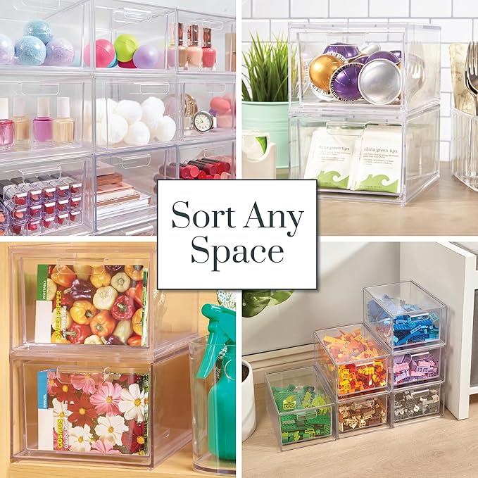 STORi Audrey Stackable Clear Bin Plastic Organizer Drawers | 2 Piece Set | Organize Cosmetics and Beauty Supplies on a Vanity