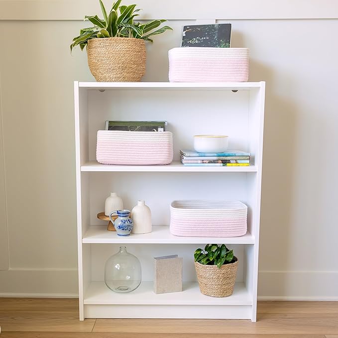 NaturalCozy 13.5”x8.5”x5.5” Rectangle Storage Baskets for Shelves 3 Pack | Cotton Rope Woven Small Baskets for Organizing | S