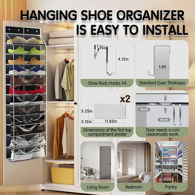 Kotkn Over The Door Shoe Organizer with 12 Large Breathable Pockets - Durable Hanging Storage for the Entire Family's Shoes (