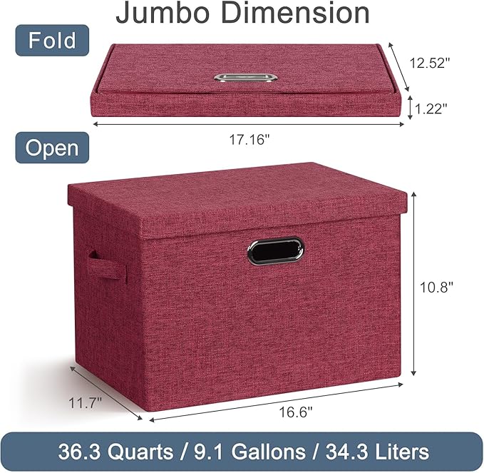 Graciadeco Large 17" 36 Quart Collapsible Stackable Storage Bins with Lids, 3 Packs Bright Red Linen Fabric Closet Boxes with
