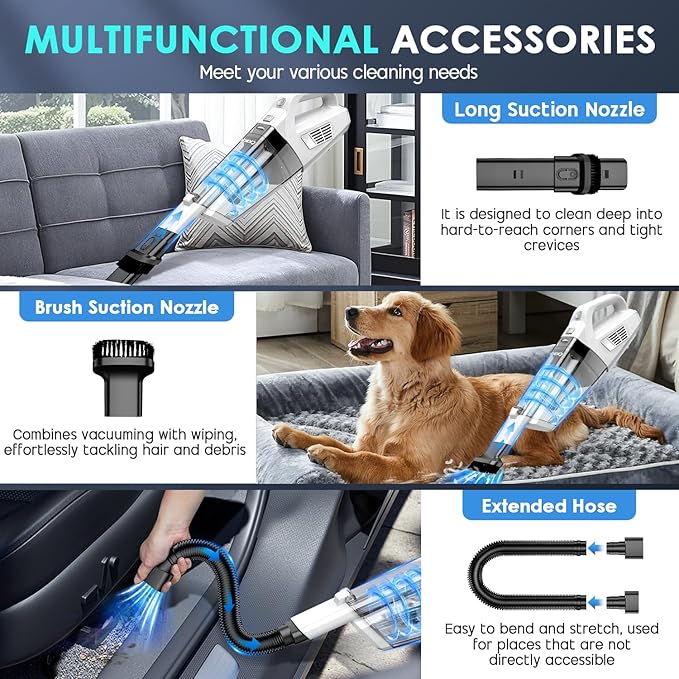 Handheld Vacuum Cordless, 15000PA Strong Suction Hand Held Car Vacuum Cleaner Portable with Multi-Nozzles & Washable Filter, 