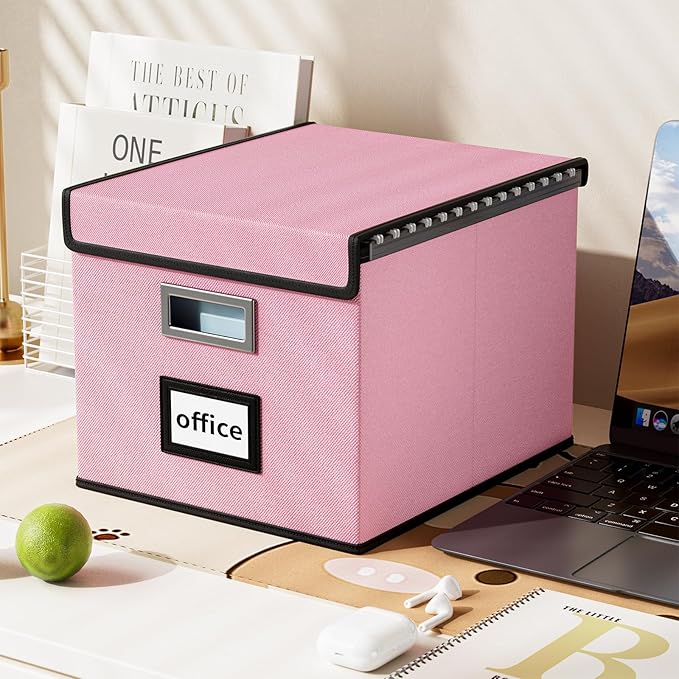 Huolewa Collapsible File Storage Organizer Boxes with Lids, Linen Document Storage, Universal Hanging Filing Organization Box