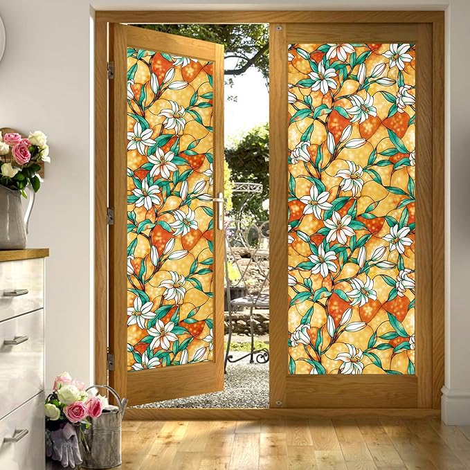 Coavas Decorative Window Privacy Film, Heat Control Sun Blocking Stained Glass Window Film, Floral Design Static Cling, Non Adhesive Windows Tint for Bathroom Front Door(Vinyl, 23.6" x 78.7 ")